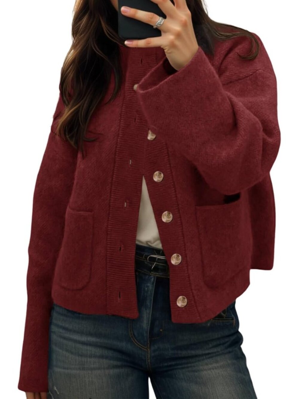 Women Wind Red Mock Neck Chunky Knit Button-down Front Patch Pockets Cozy Jacket